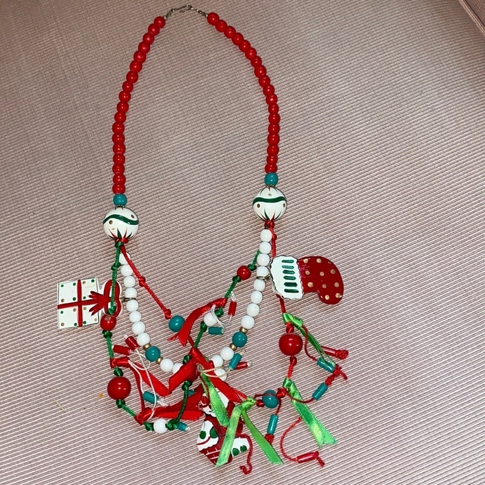 Women jewelry, wooden beaded Christmas necklace multi layers holiday